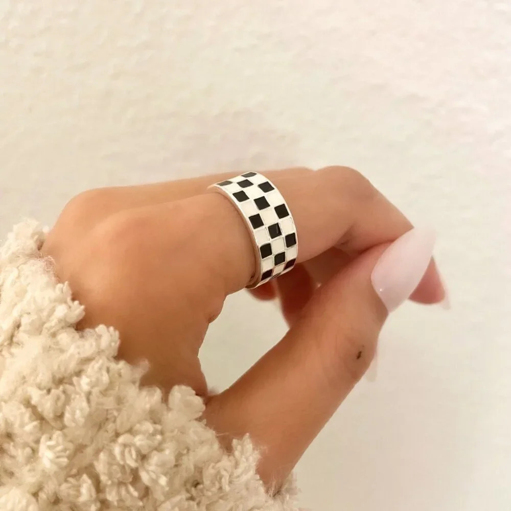 925 SSterling Silver Checkered Ring Checkerboard Ring Minimalist Wide Ring - Picture 5 of 6